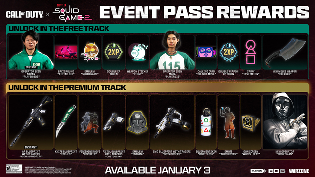 Screenshot showing Battle Pass rewards for the Squid Game event.